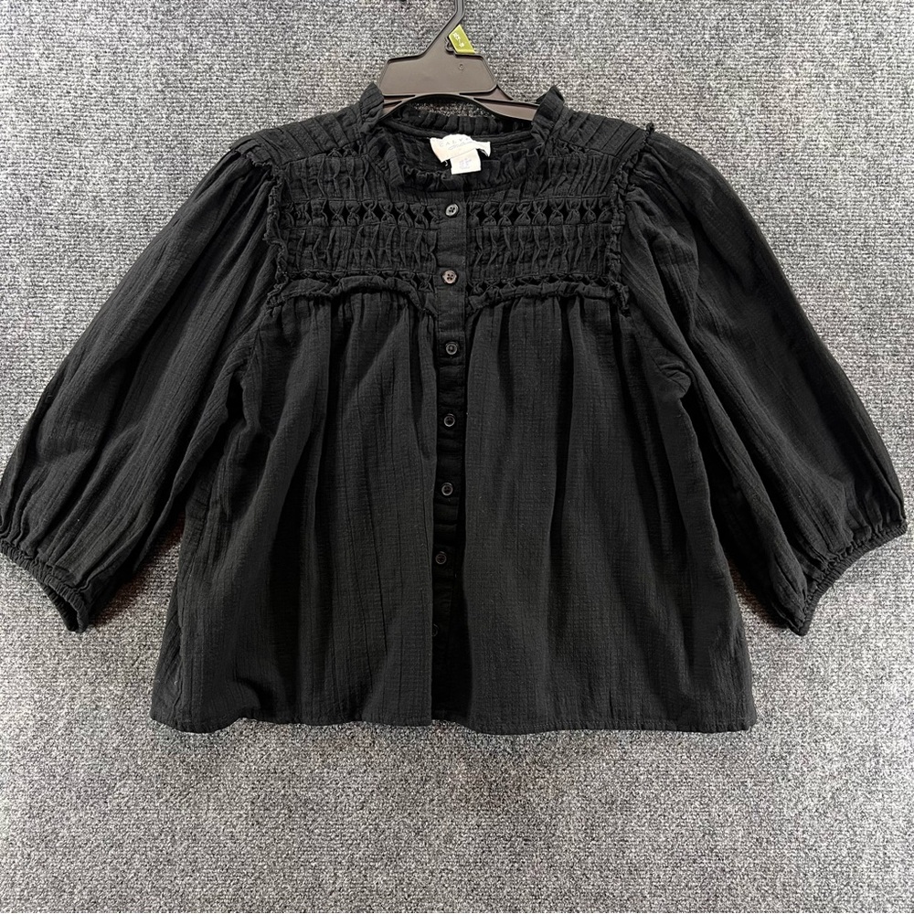 Calypso St Barth Black Button Front Ruffle Neck Blouse Top Shirt‎ Womens M Gauze